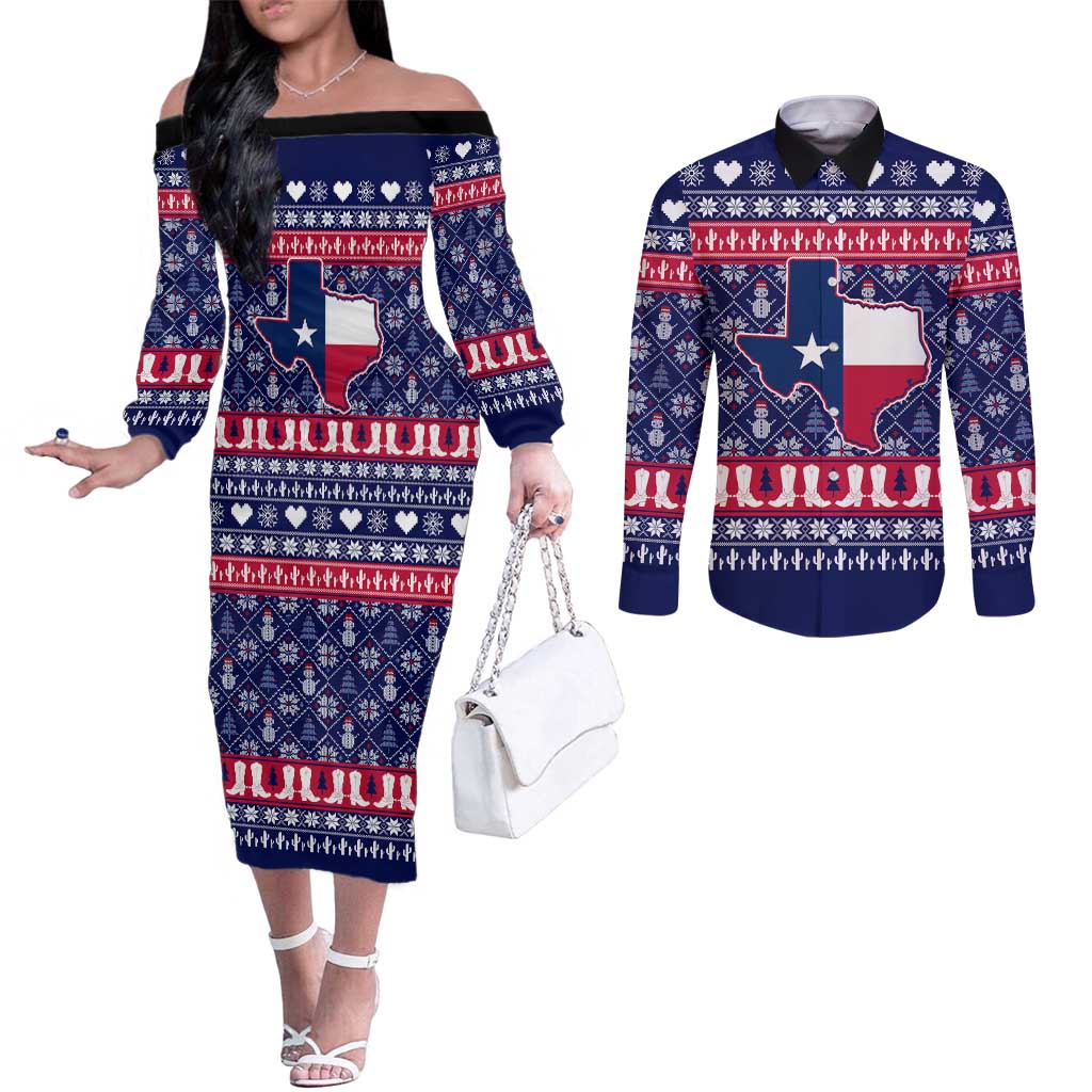 Christmas Texas Map Symbols Couples Matching Off The Shoulder Long Sleeve Dress and Long Sleeve Button Shirt Xmas Holiday Patterns - Wonder Print Shop