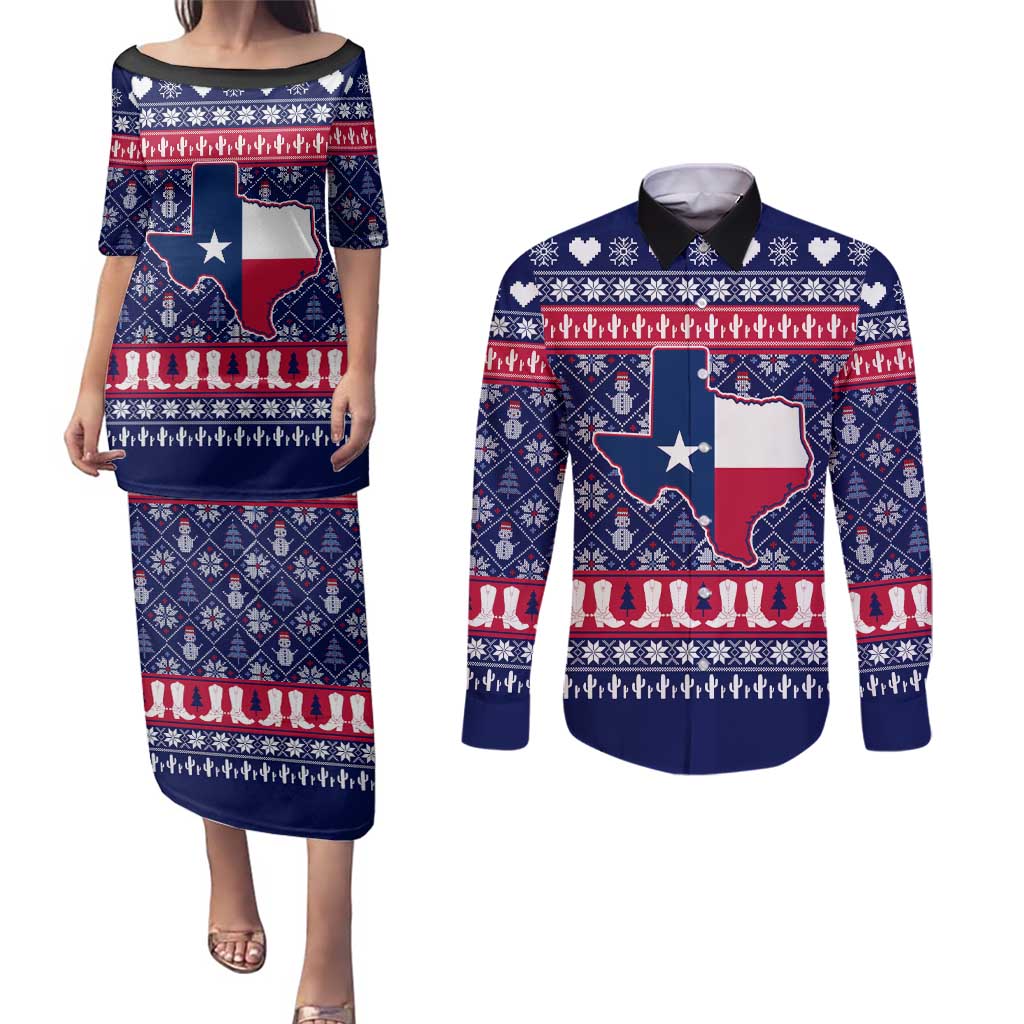 Christmas Texas Map Symbols Couples Matching Puletasi and Long Sleeve Button Shirt Xmas Holiday Patterns - Wonder Print Shop
