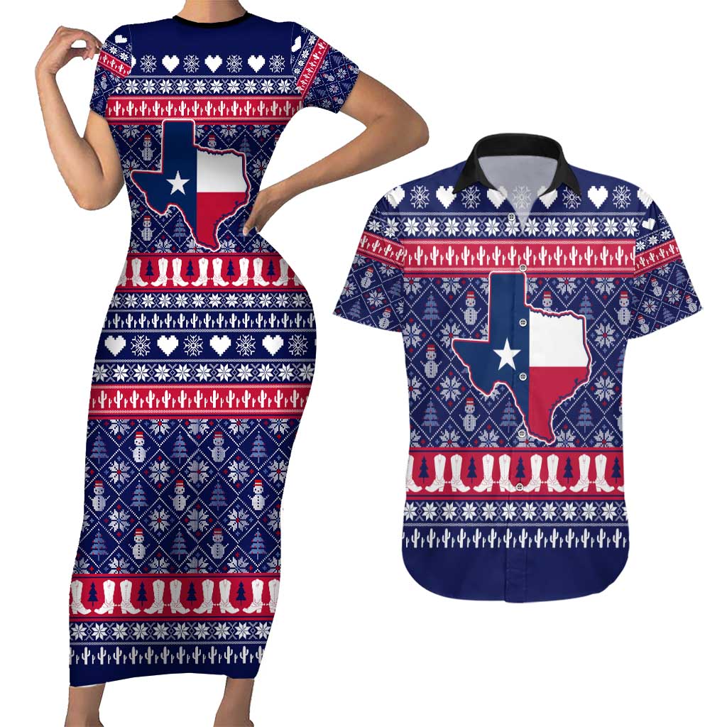 Christmas Texas Map Symbols Couples Matching Short Sleeve Bodycon Dress and Hawaiian Shirt Xmas Holiday Patterns - Wonder Print Shop