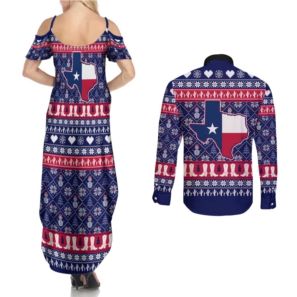 Christmas Texas Map Symbols Couples Matching Summer Maxi Dress and Long Sleeve Button Shirt Xmas Holiday Patterns - Wonder Print Shop
