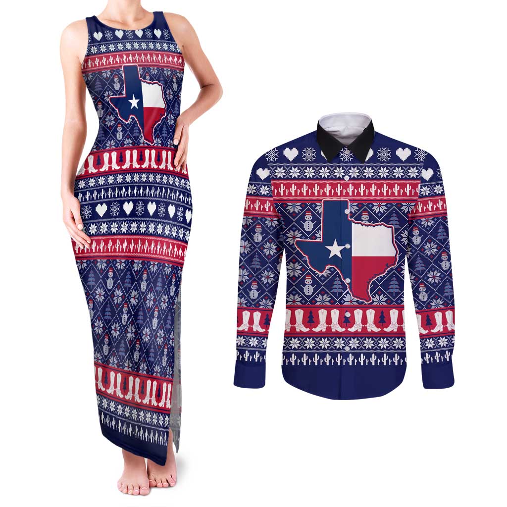Christmas Texas Map Symbols Couples Matching Tank Maxi Dress and Long Sleeve Button Shirt Xmas Holiday Patterns - Wonder Print Shop
