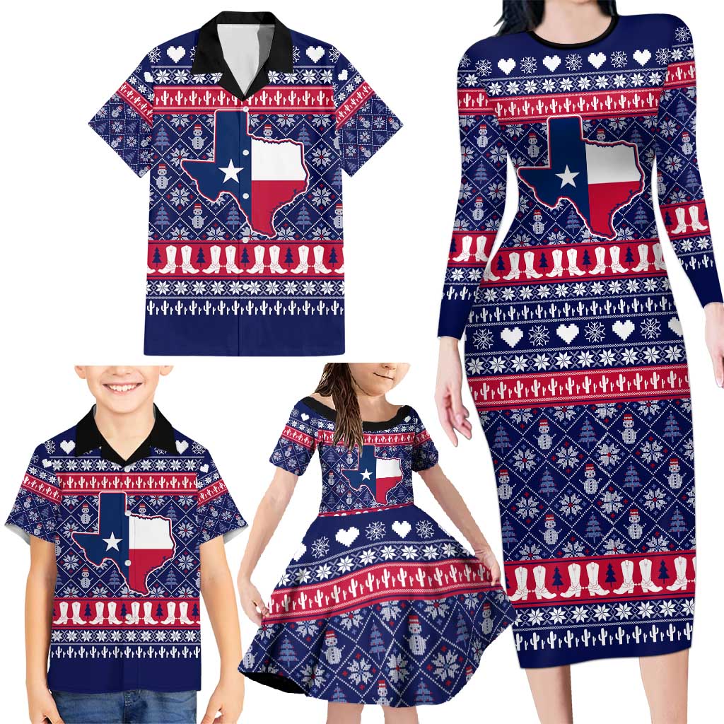 Christmas Texas Map Symbols Family Matching Long Sleeve Bodycon Dress and Hawaiian Shirt Xmas Holiday Patterns - Wonder Print Shop