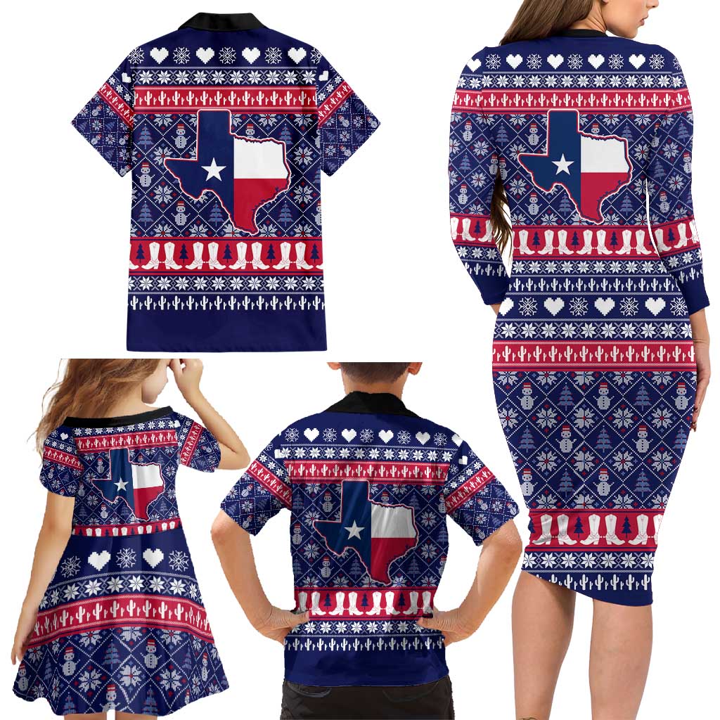 Christmas Texas Map Symbols Family Matching Long Sleeve Bodycon Dress and Hawaiian Shirt Xmas Holiday Patterns - Wonder Print Shop