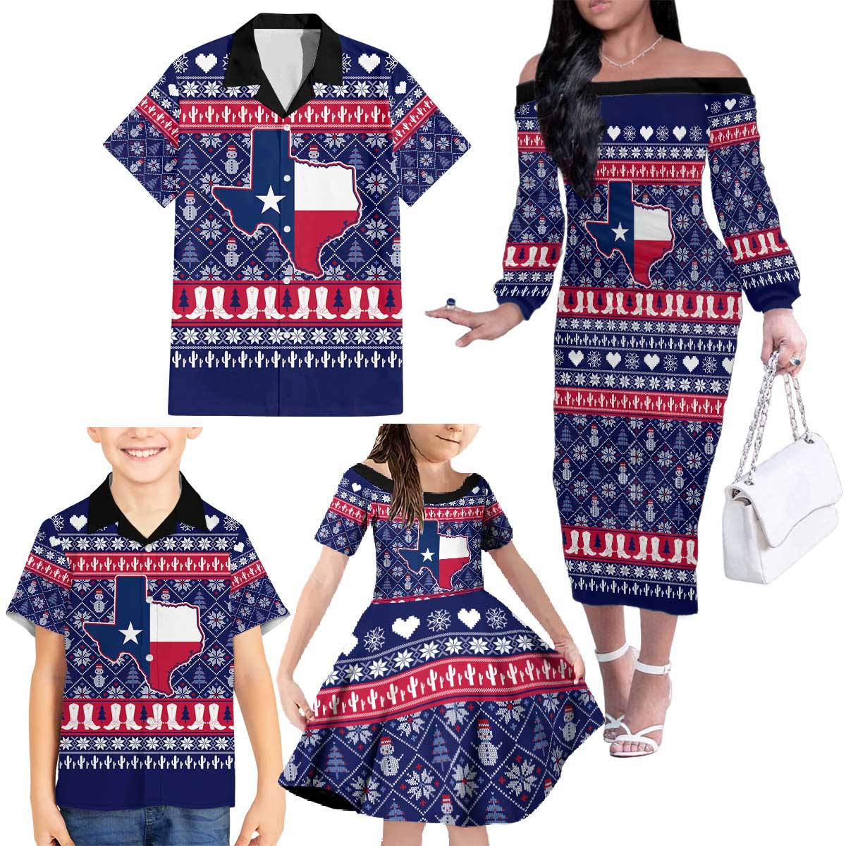 Christmas Texas Map Symbols Family Matching Off The Shoulder Long Sleeve Dress and Hawaiian Shirt Xmas Holiday Patterns - Wonder Print Shop