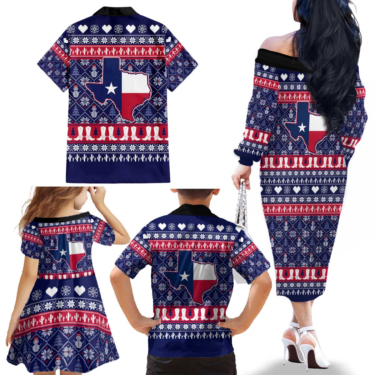 Christmas Texas Map Symbols Family Matching Off The Shoulder Long Sleeve Dress and Hawaiian Shirt Xmas Holiday Patterns - Wonder Print Shop