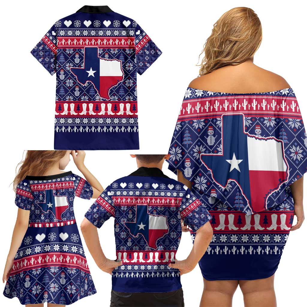 Christmas Texas Map Symbols Family Matching Off Shoulder Short Dress and Hawaiian Shirt Xmas Holiday Patterns - Wonder Print Shop