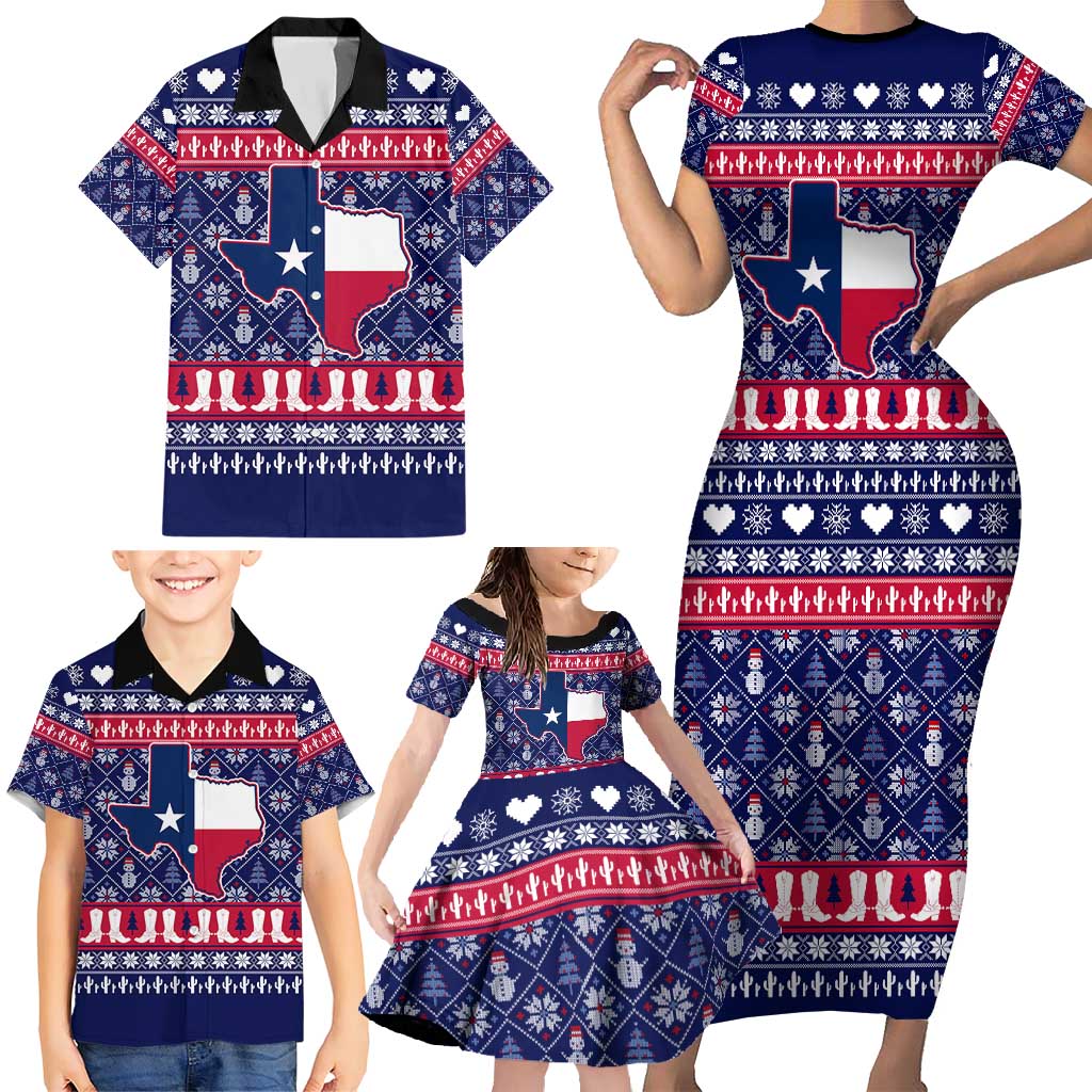 Christmas Texas Map Symbols Family Matching Short Sleeve Bodycon Dress and Hawaiian Shirt Xmas Holiday Patterns - Wonder Print Shop