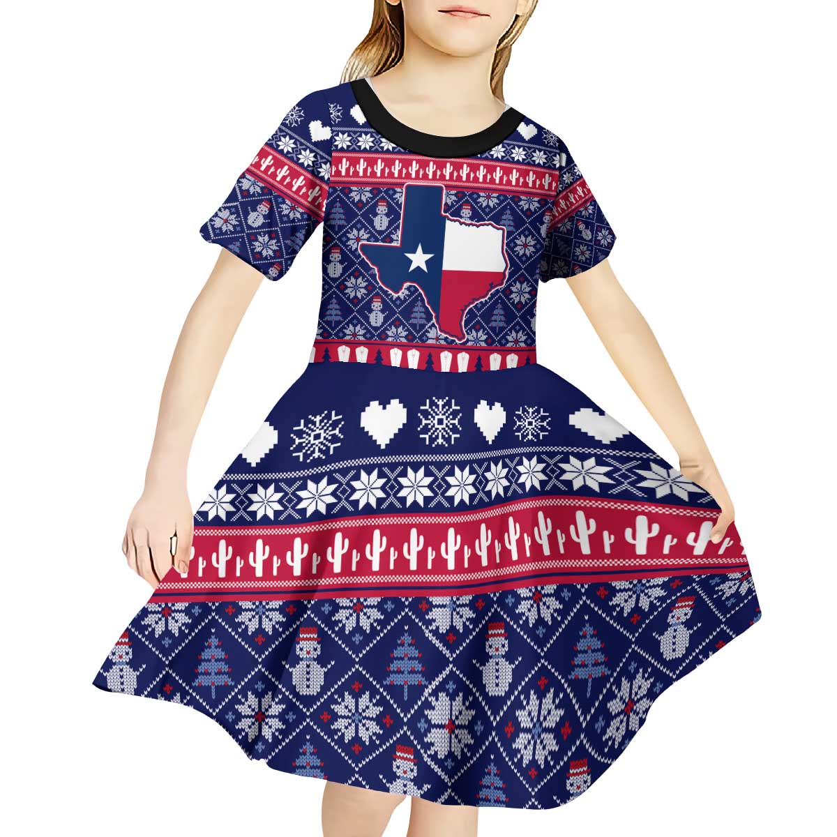 Christmas Texas Map Symbols Kid Short Sleeve Dress Xmas Holiday Patterns - Wonder Print Shop