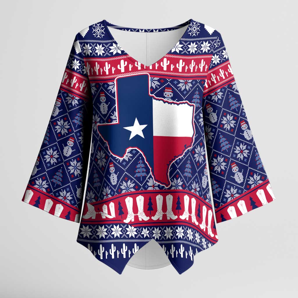 Christmas Texas Map Symbols Kimono Sleeve Blouse Xmas Holiday Patterns - Wonder Print Shop