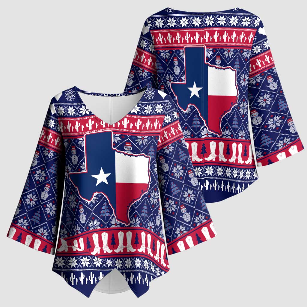 Christmas Texas Map Symbols Kimono Sleeve Blouse Xmas Holiday Patterns - Wonder Print Shop