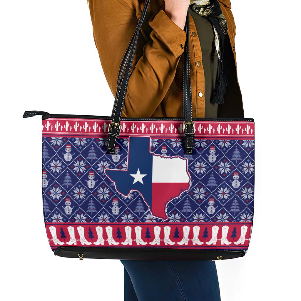 Christmas Texas Map Symbols Leather Tote Bag Xmas Holiday Patterns - Wonder Print Shop