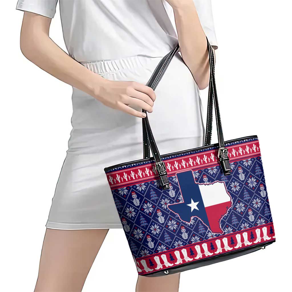 Christmas Texas Map Symbols Leather Tote Bag Xmas Holiday Patterns - Wonder Print Shop