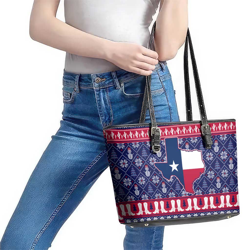 Christmas Texas Map Symbols Leather Tote Bag Xmas Holiday Patterns - Wonder Print Shop