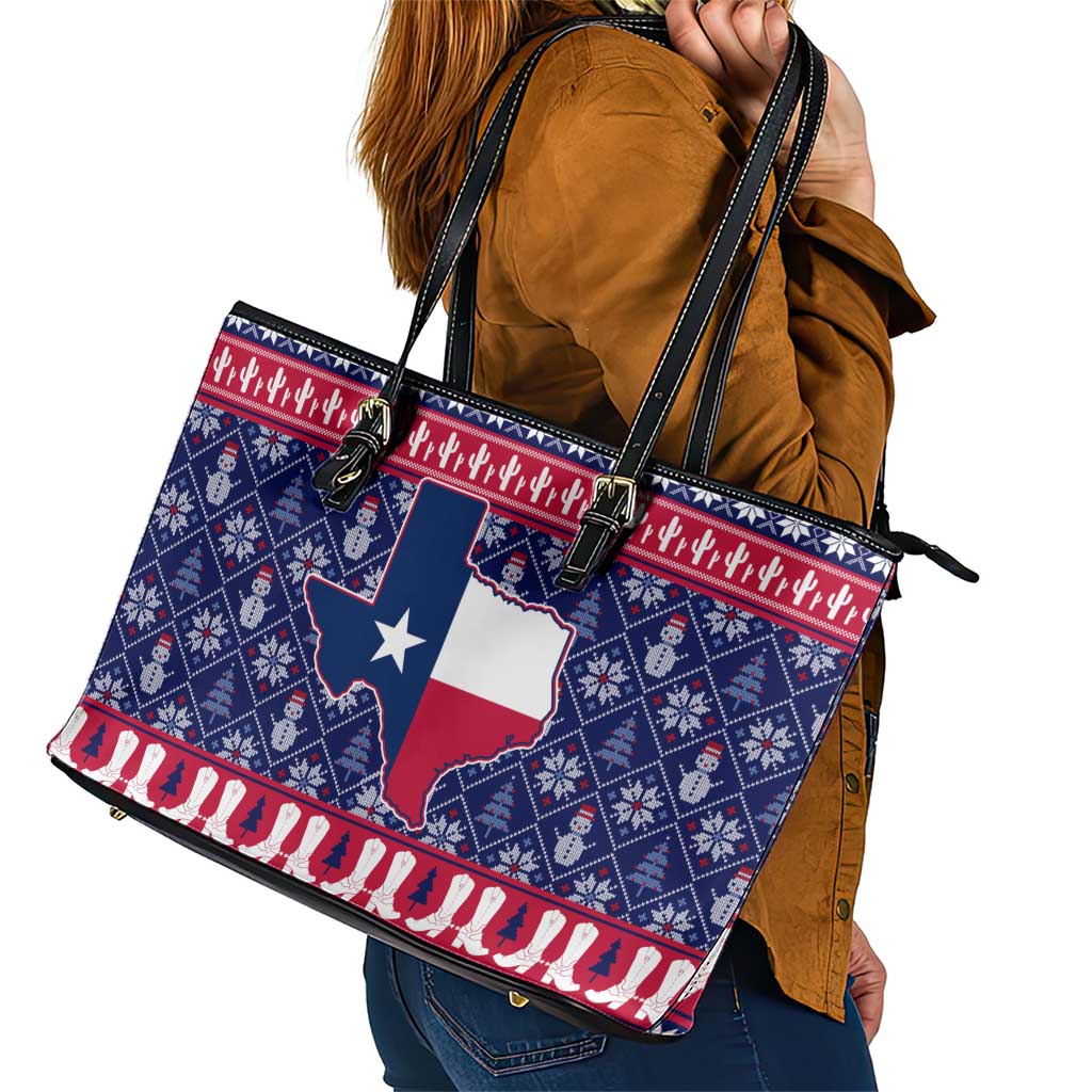 Christmas Texas Map Symbols Leather Tote Bag Xmas Holiday Patterns - Wonder Print Shop