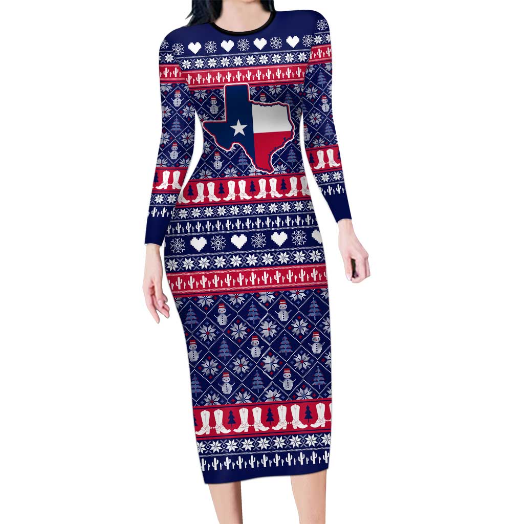 Christmas Texas Map Symbols Long Sleeve Bodycon Dress Xmas Holiday Patterns - Wonder Print Shop