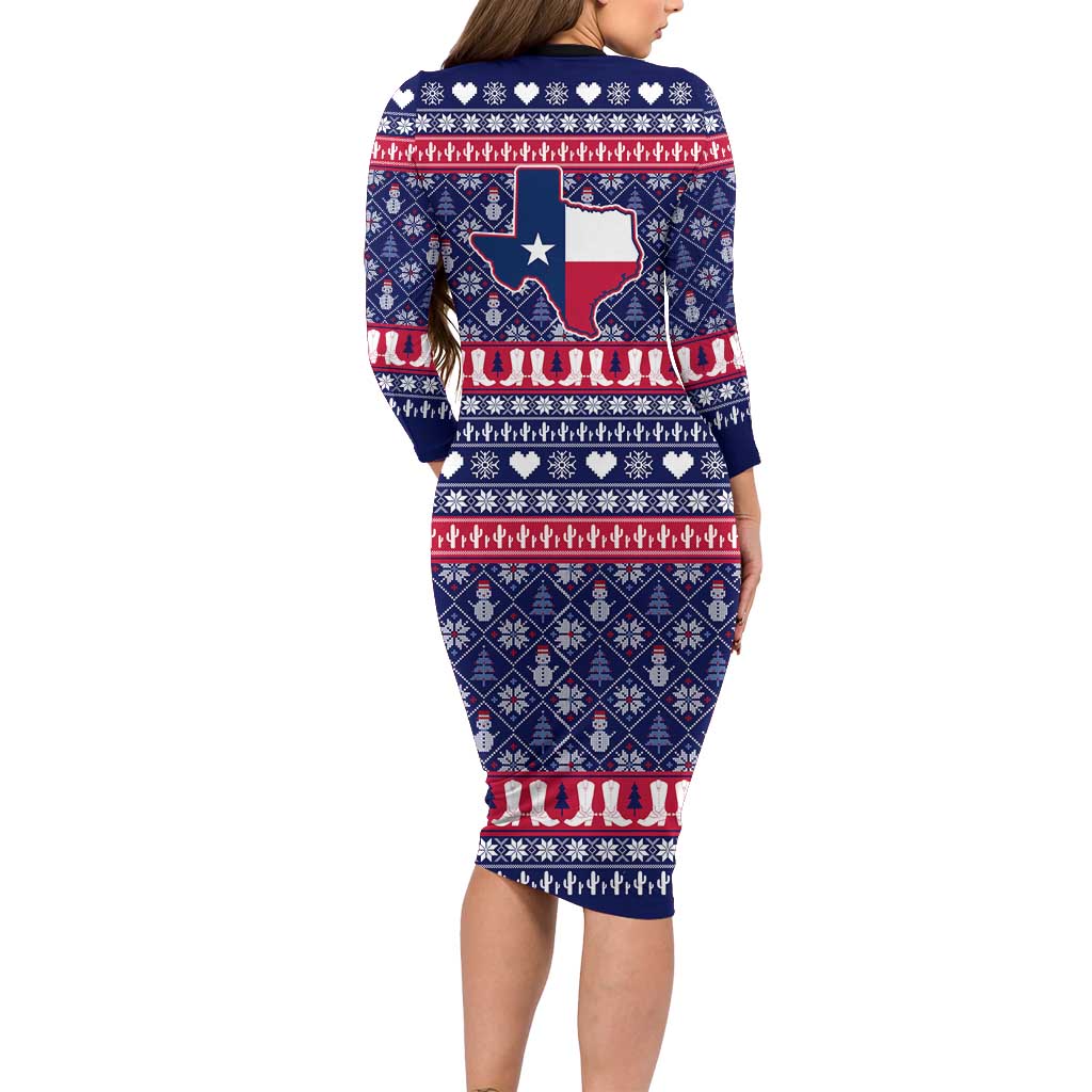 Christmas Texas Map Symbols Long Sleeve Bodycon Dress Xmas Holiday Patterns - Wonder Print Shop