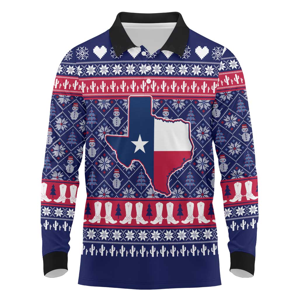 Christmas Texas Map Symbols Long Sleeve Polo Shirt Xmas Holiday Patterns - Wonder Print Shop