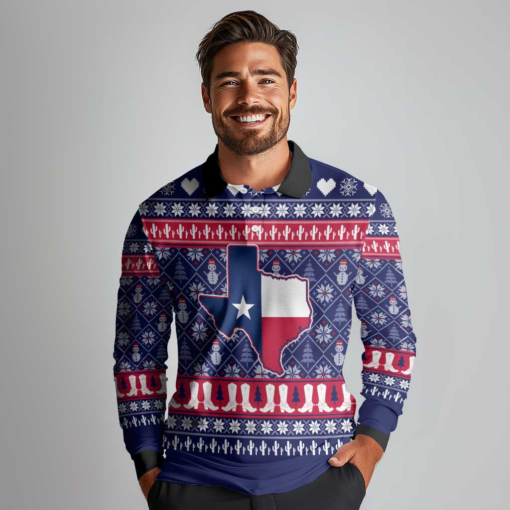 Christmas Texas Map Symbols Long Sleeve Polo Shirt Xmas Holiday Patterns - Wonder Print Shop