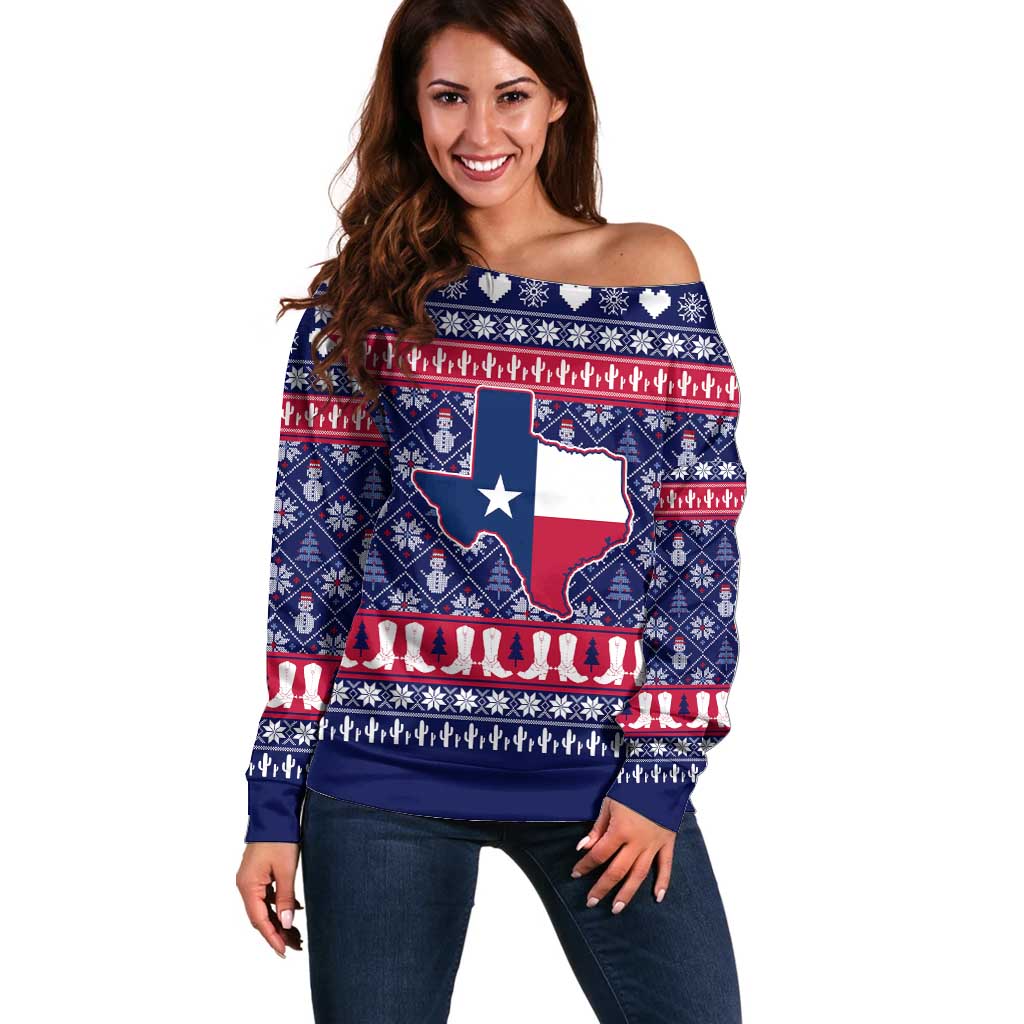 Christmas Texas Map Symbols Off Shoulder Sweater Xmas Holiday Patterns - Wonder Print Shop