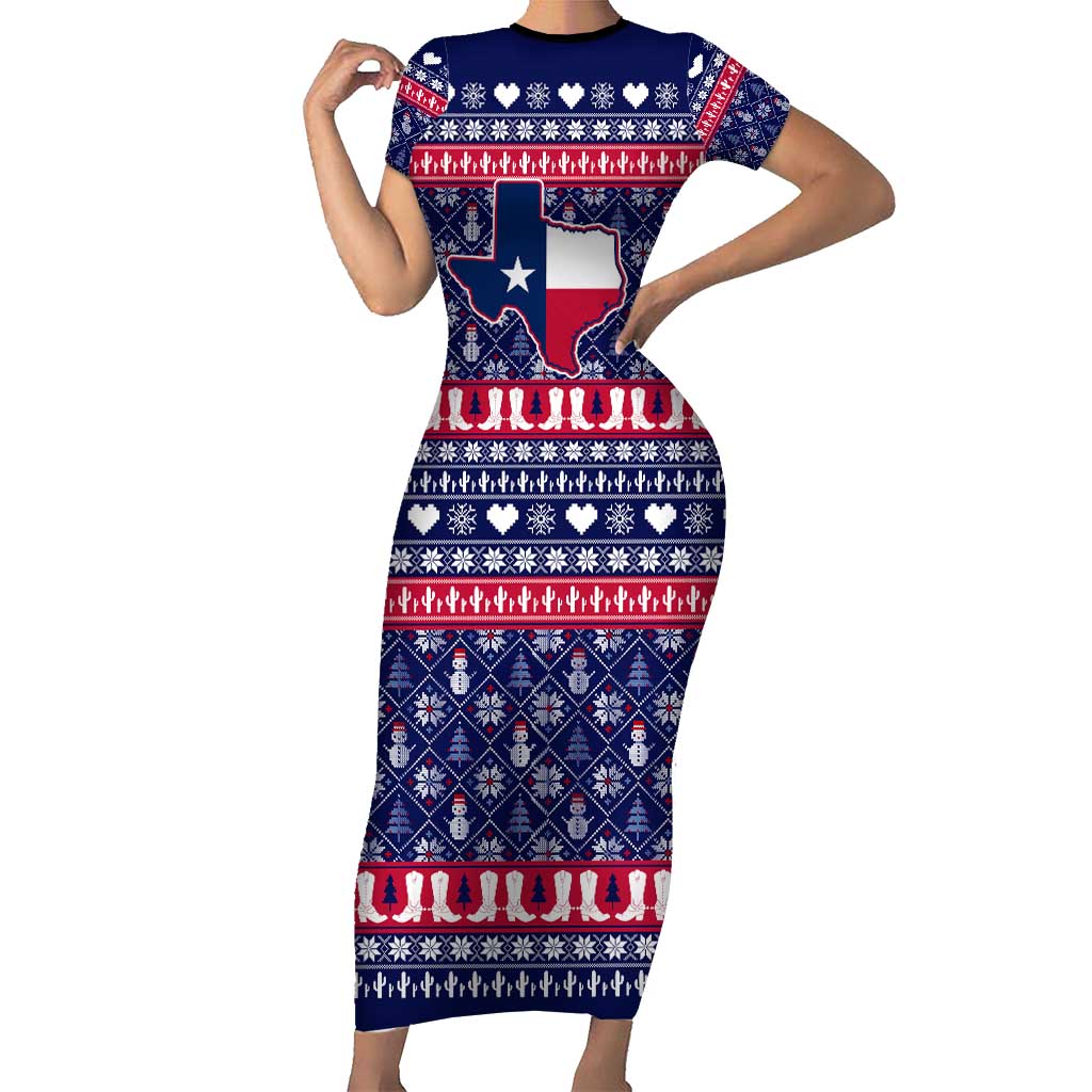 Christmas Texas Map Symbols Short Sleeve Bodycon Dress Xmas Holiday Patterns - Wonder Print Shop