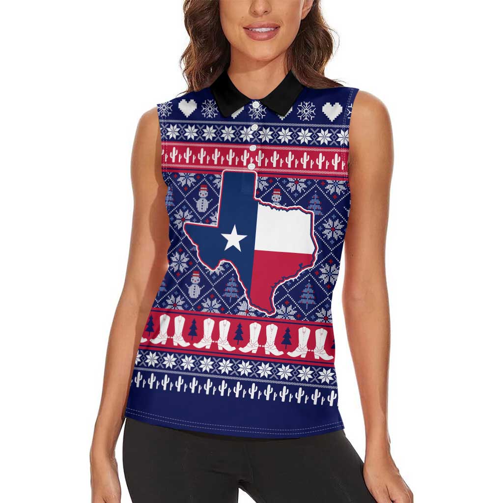 Christmas Texas Map Symbols Women Sleeveless Polo Shirt Xmas Holiday Patterns - Wonder Print Shop