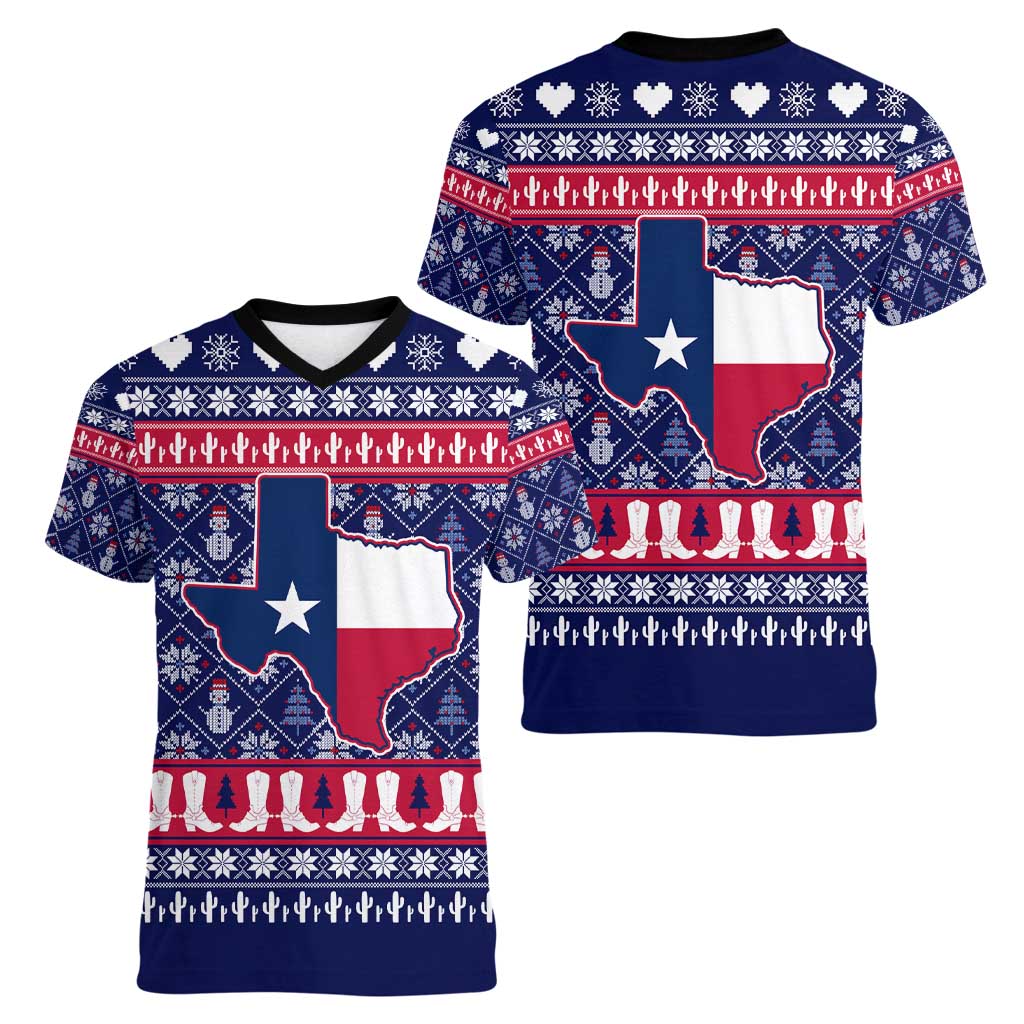 Christmas Texas Map Symbols Women V-Neck T-Shirt Xmas Holiday Patterns - Wonder Print Shop