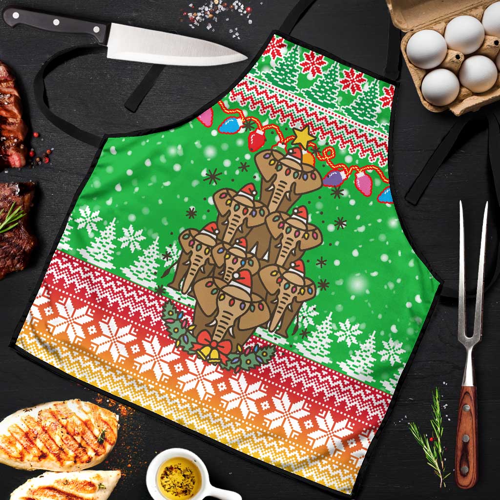 Mali Christmas Apron with Cartoon Elephant Pyramid Snowflakes and Holiday Lights - Wonder Print Shop