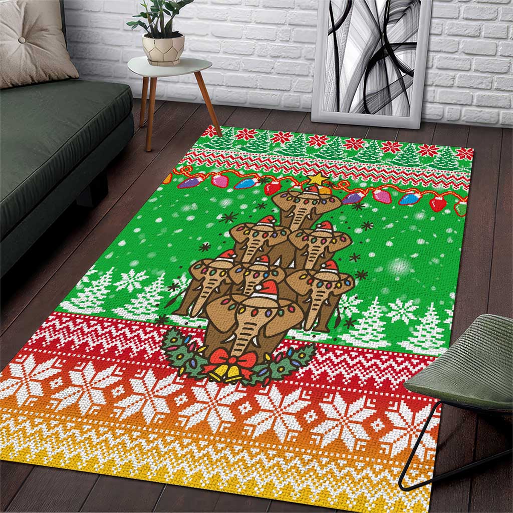 Mali Christmas Area Rug with Cartoon Elephant Pyramid Snowflakes and Holiday Lights - undefined