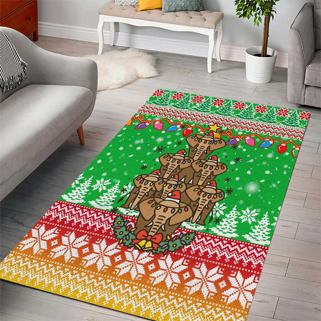 Mali Christmas Area Rug with Cartoon Elephant Pyramid Snowflakes and Holiday Lights - undefined