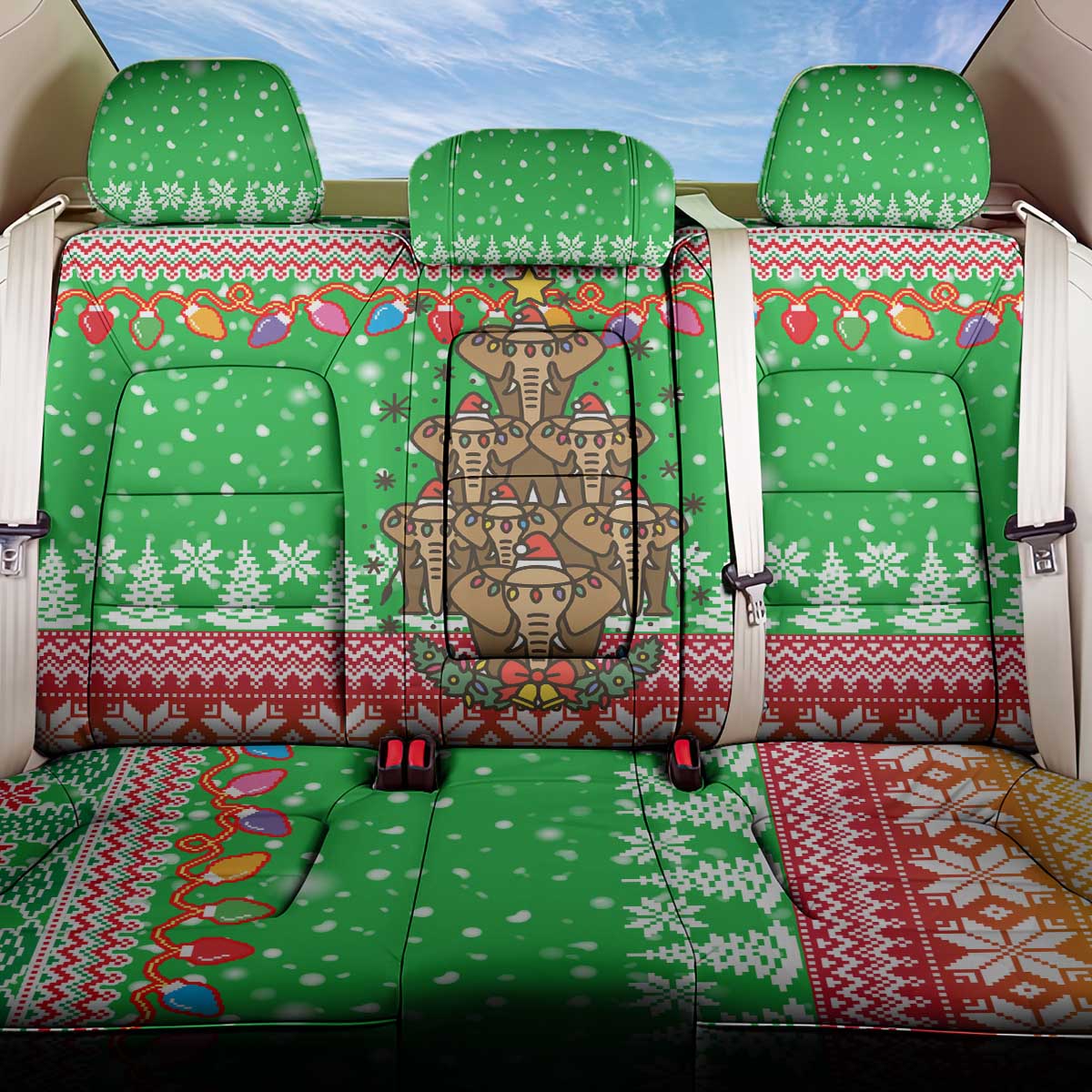 Mali Christmas Back Car Seat Cover with Cartoon Elephant Pyramid Snowflakes and Holiday Lights - Wonder Print Shop
