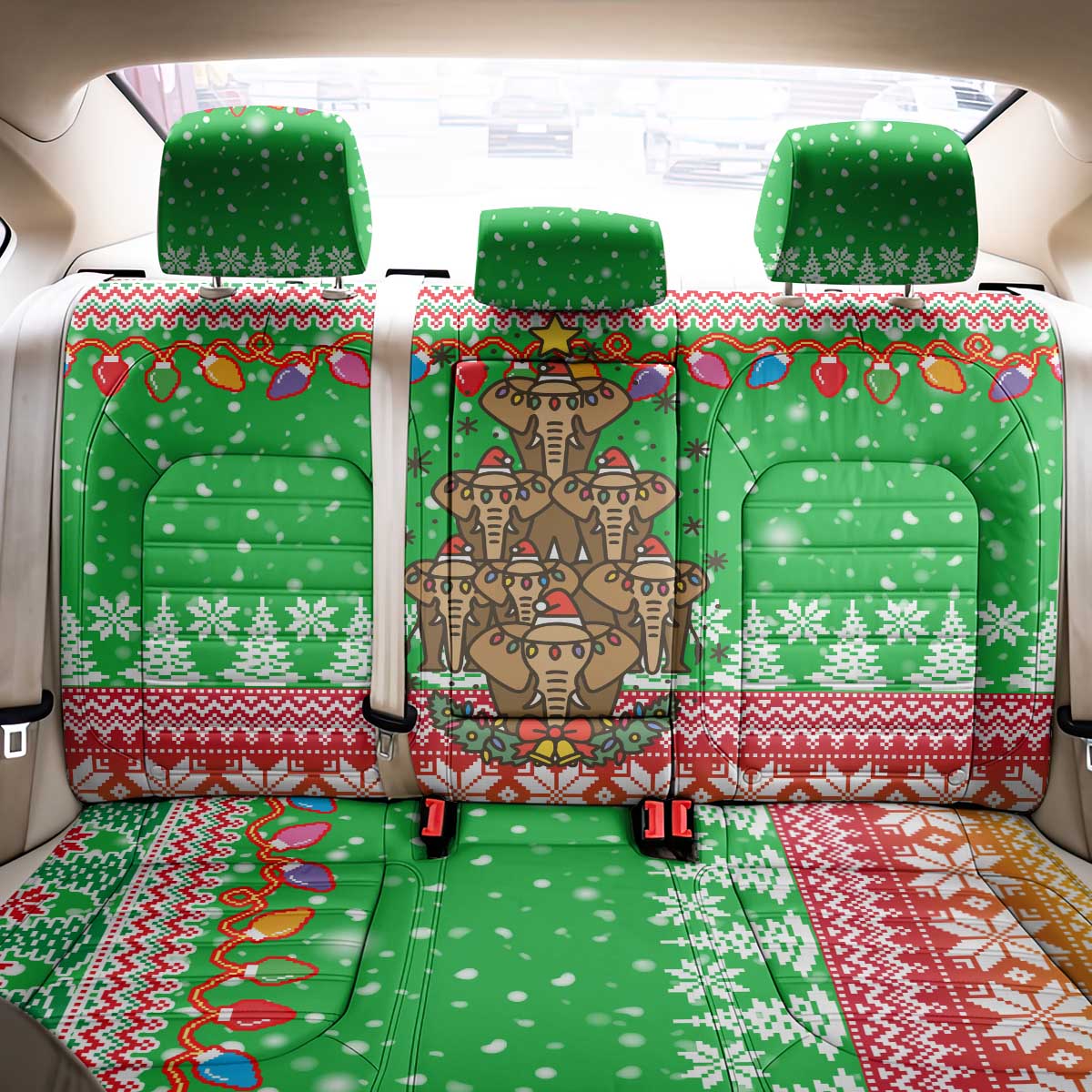 Mali Christmas Back Car Seat Cover with Cartoon Elephant Pyramid Snowflakes and Holiday Lights - Wonder Print Shop