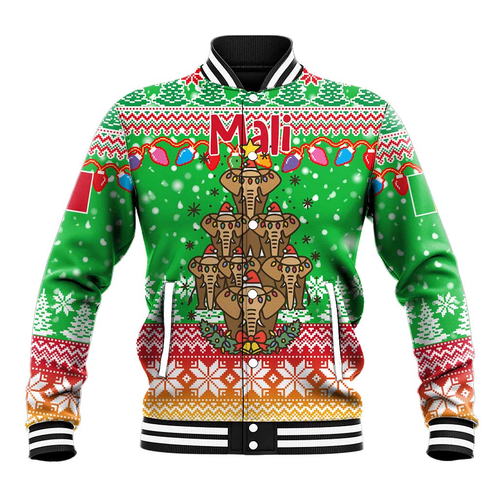 Mali Christmas Baseball Jacket with Cartoon Elephant Pyramid Snowflakes and Holiday Lights - Wonder Print Shop