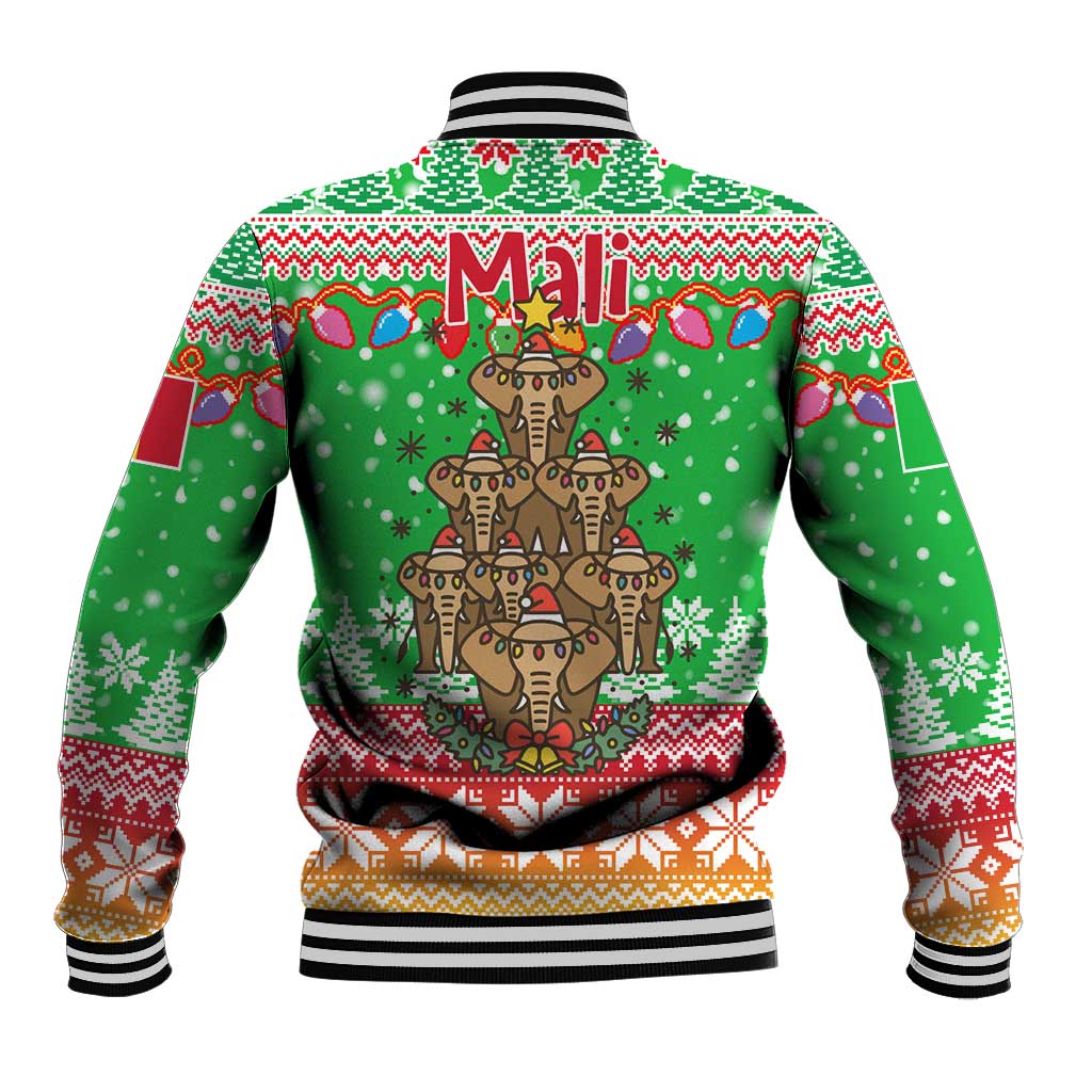 Mali Christmas Baseball Jacket with Cartoon Elephant Pyramid Snowflakes and Holiday Lights - Wonder Print Shop