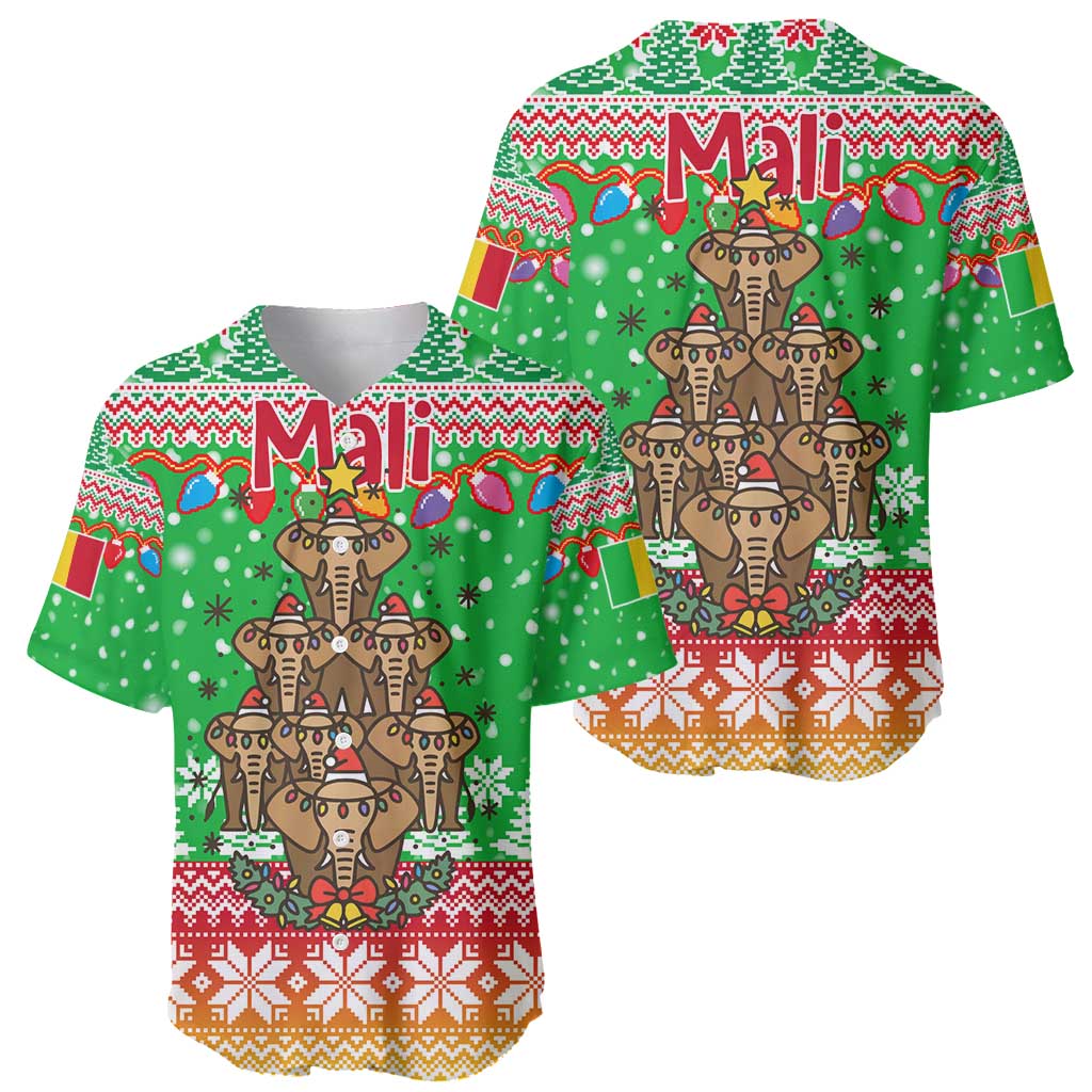 Mali Christmas Baseball Jersey with Cartoon Elephant Pyramid Snowflakes and Holiday Lights - Wonder Print Shop