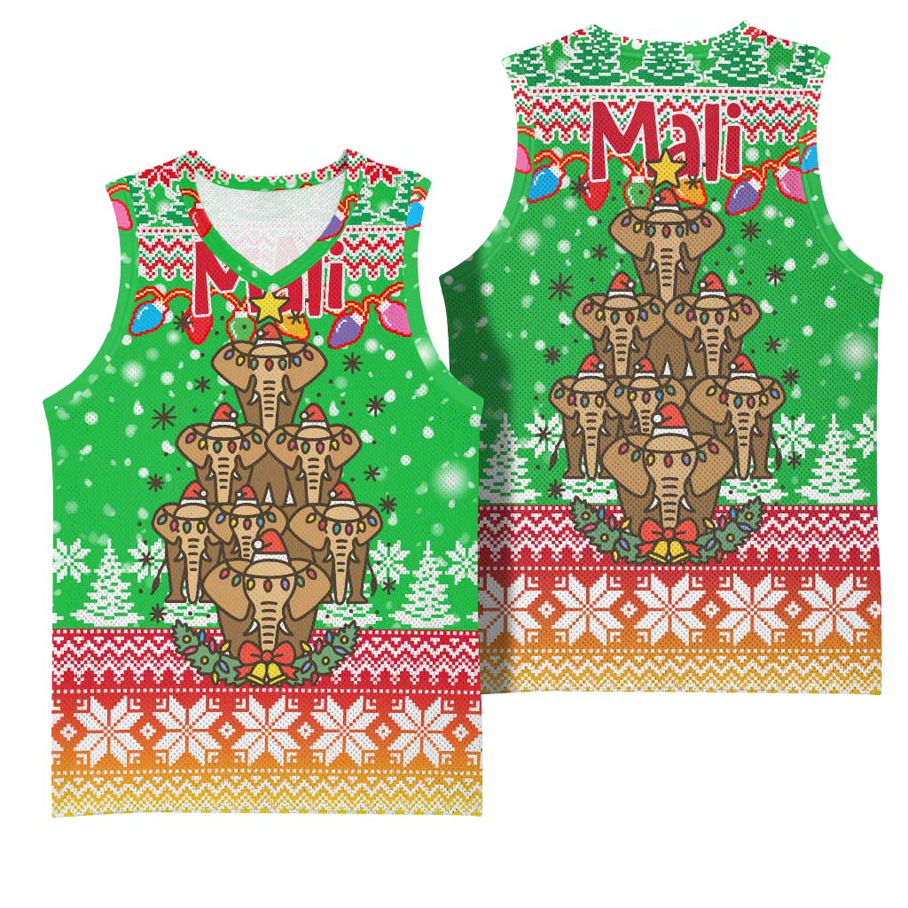 Mali Christmas Basketball Jersey with Cartoon Elephant Pyramid Snowflakes and Holiday Lights - Wonder Print Shop