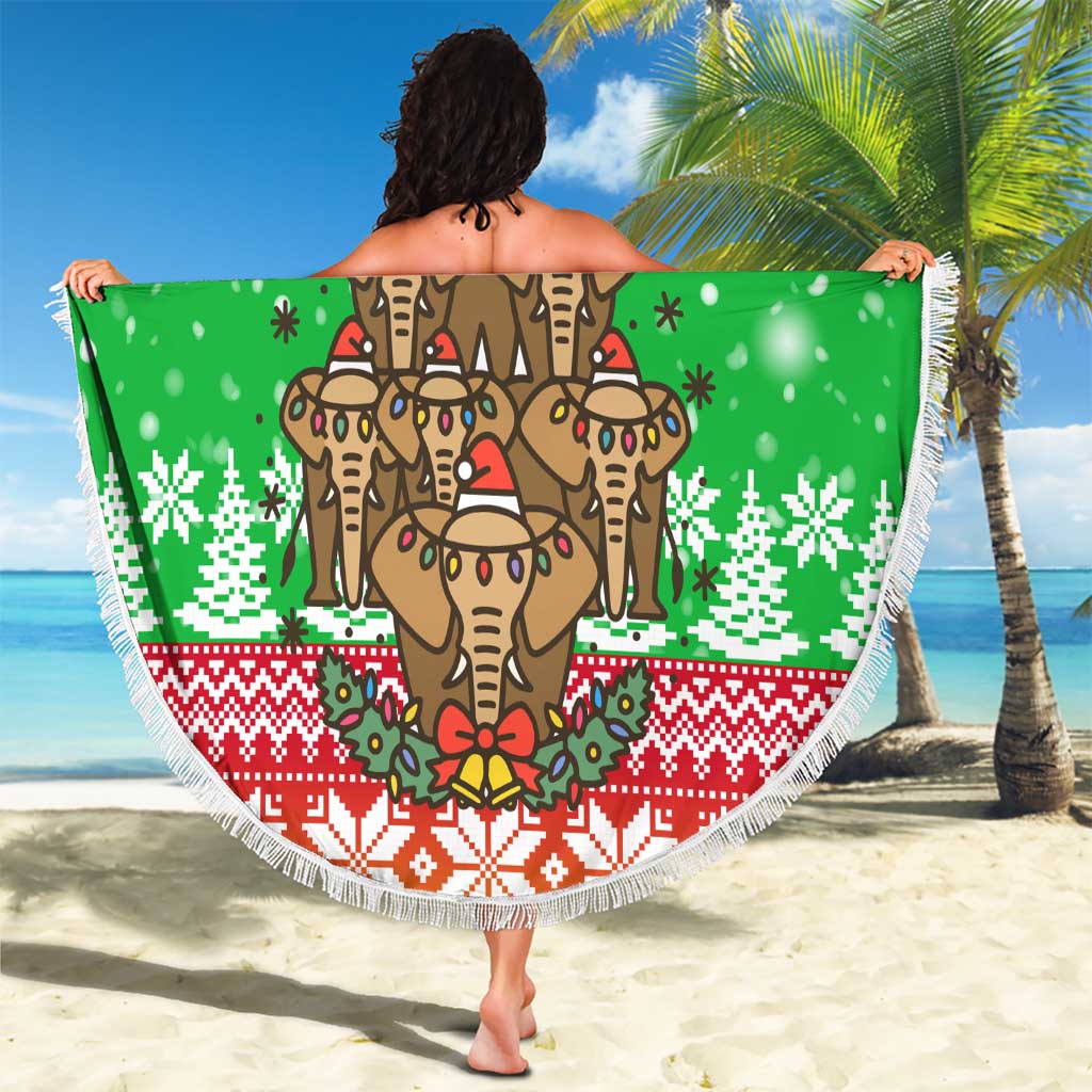 Mali Christmas Beach Blanket with Cartoon Elephant Pyramid Snowflakes and Holiday Lights - undefined