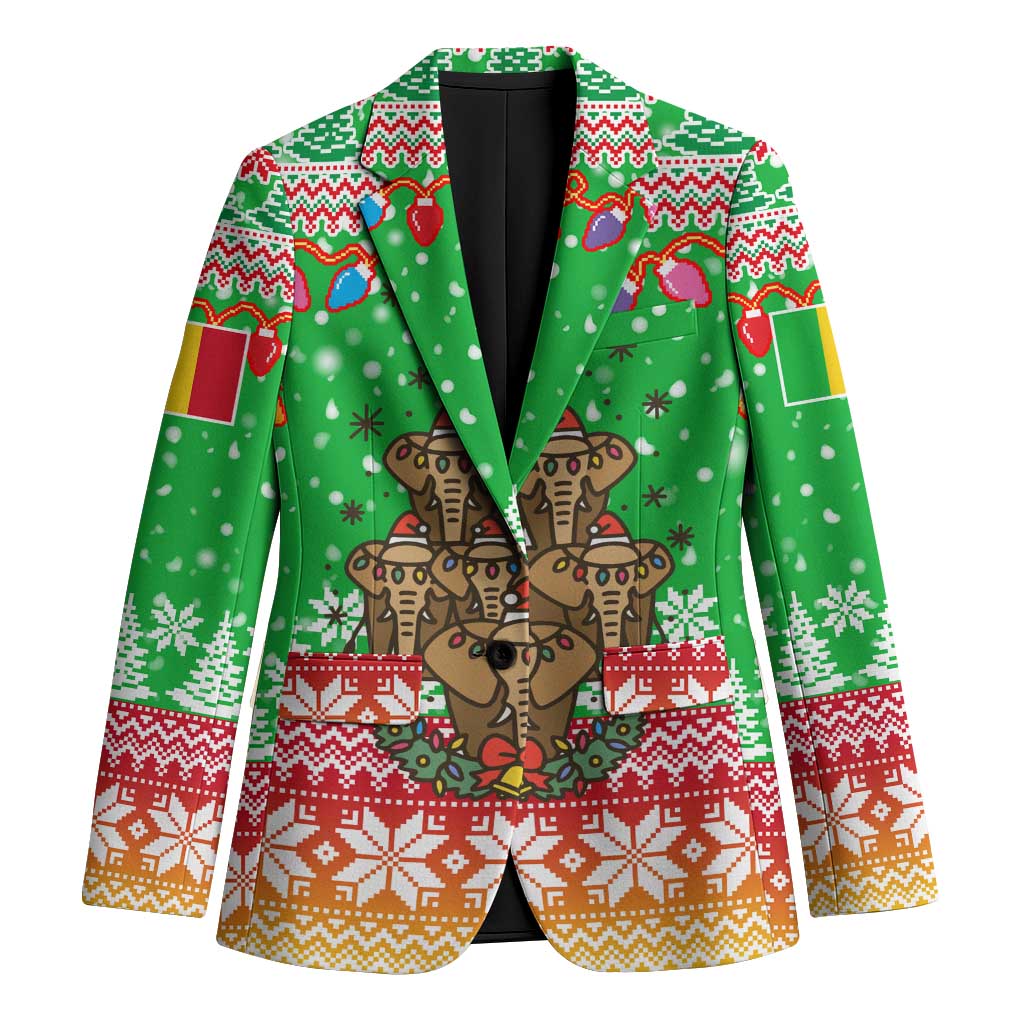 Mali Christmas Blazer with Cartoon Elephant Pyramid Snowflakes and Holiday Lights - Wonder Print Shop