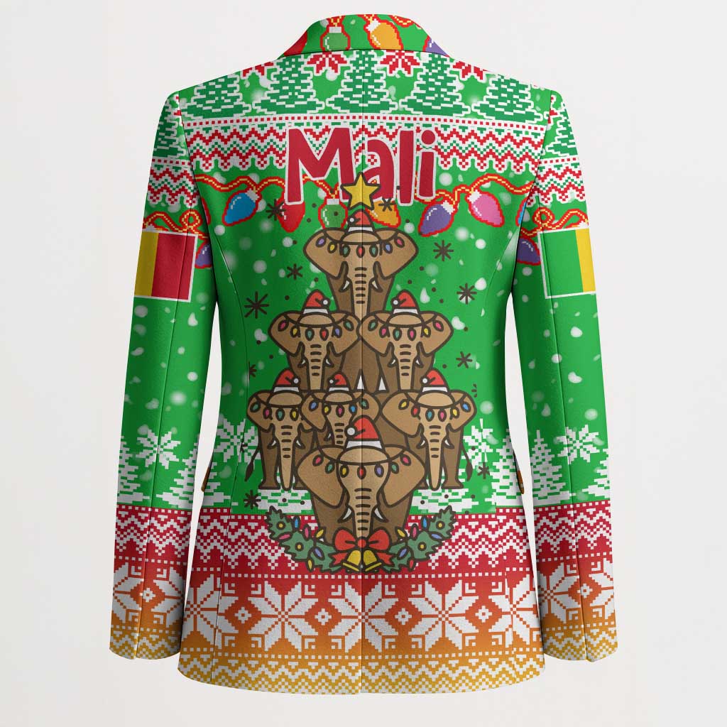 Mali Christmas Blazer with Cartoon Elephant Pyramid Snowflakes and Holiday Lights - Wonder Print Shop
