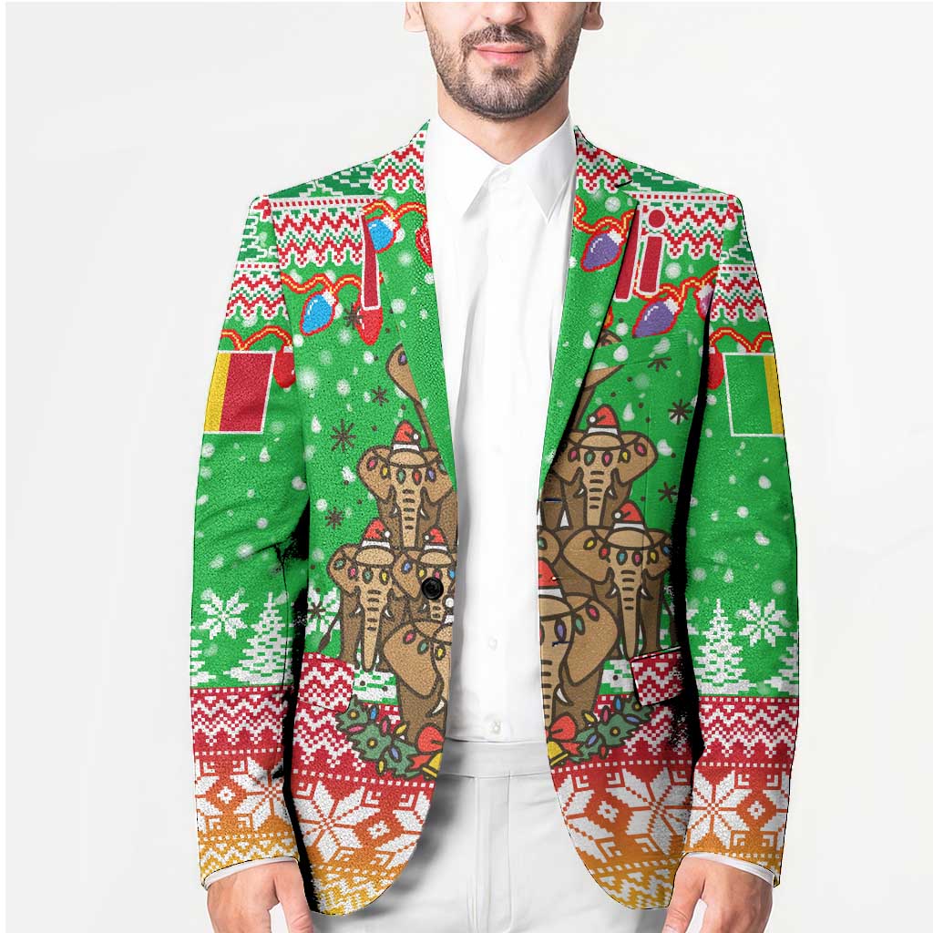 Mali Christmas Blazer with Cartoon Elephant Pyramid Snowflakes and Holiday Lights - Wonder Print Shop