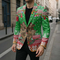 Mali Christmas Blazer with Cartoon Elephant Pyramid Snowflakes and Holiday Lights - Wonder Print Shop