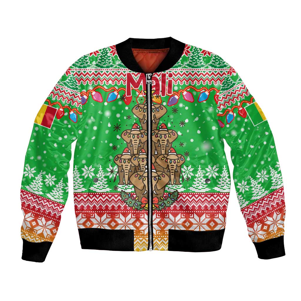Mali Christmas Bomber Jacket with Cartoon Elephant Pyramid Snowflakes and Holiday Lights - Wonder Print Shop