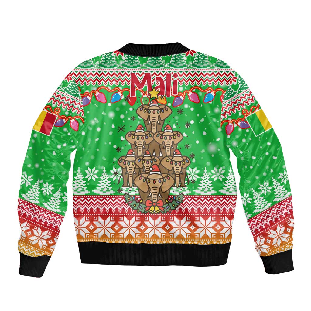 Mali Christmas Bomber Jacket with Cartoon Elephant Pyramid Snowflakes and Holiday Lights - Wonder Print Shop