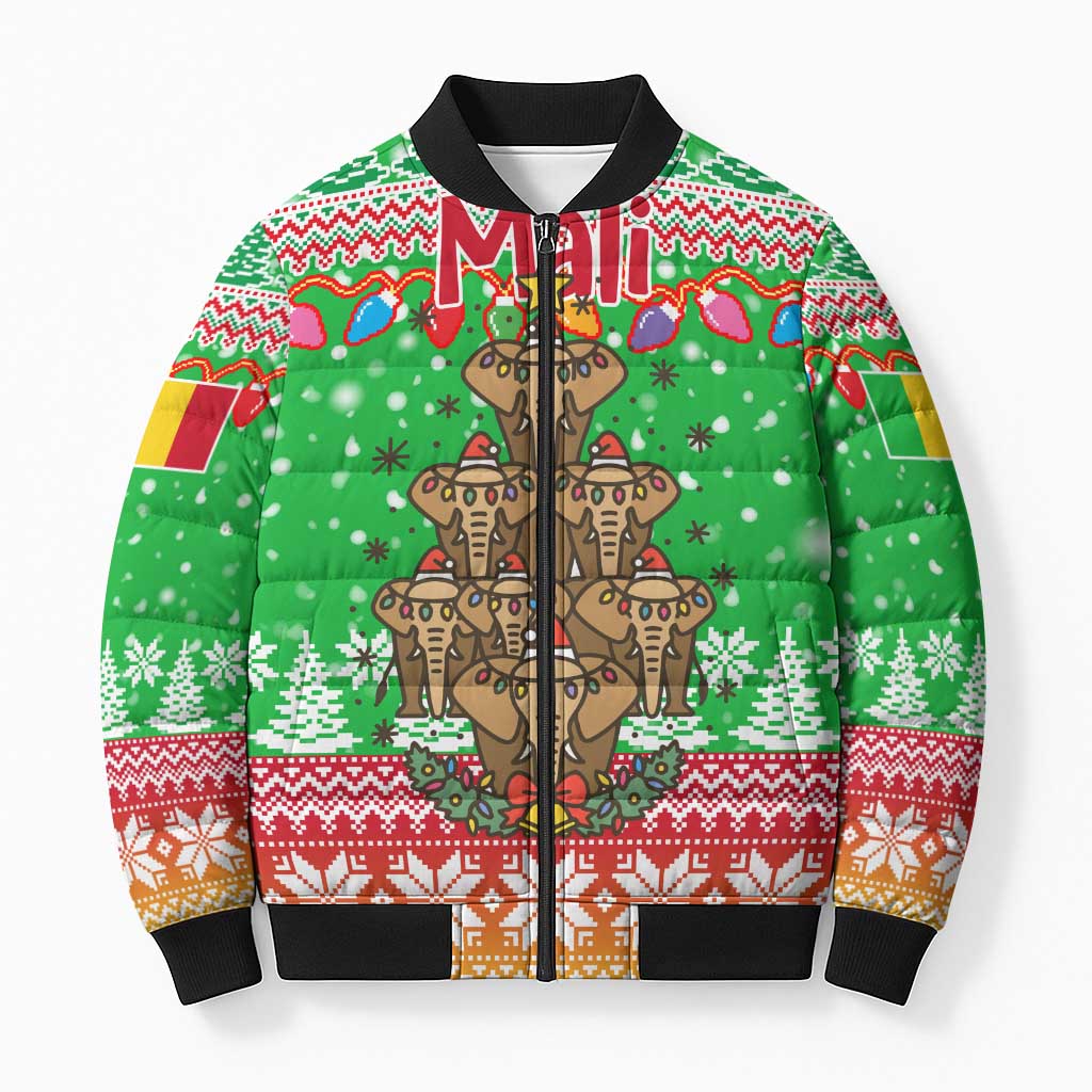 Mali Christmas Bomber Puffer Jacket with Cartoon Elephant Pyramid Snowflakes and Holiday Lights - Wonder Print Shop