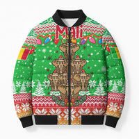 Mali Christmas Bomber Puffer Jacket with Cartoon Elephant Pyramid Snowflakes and Holiday Lights - Wonder Print Shop