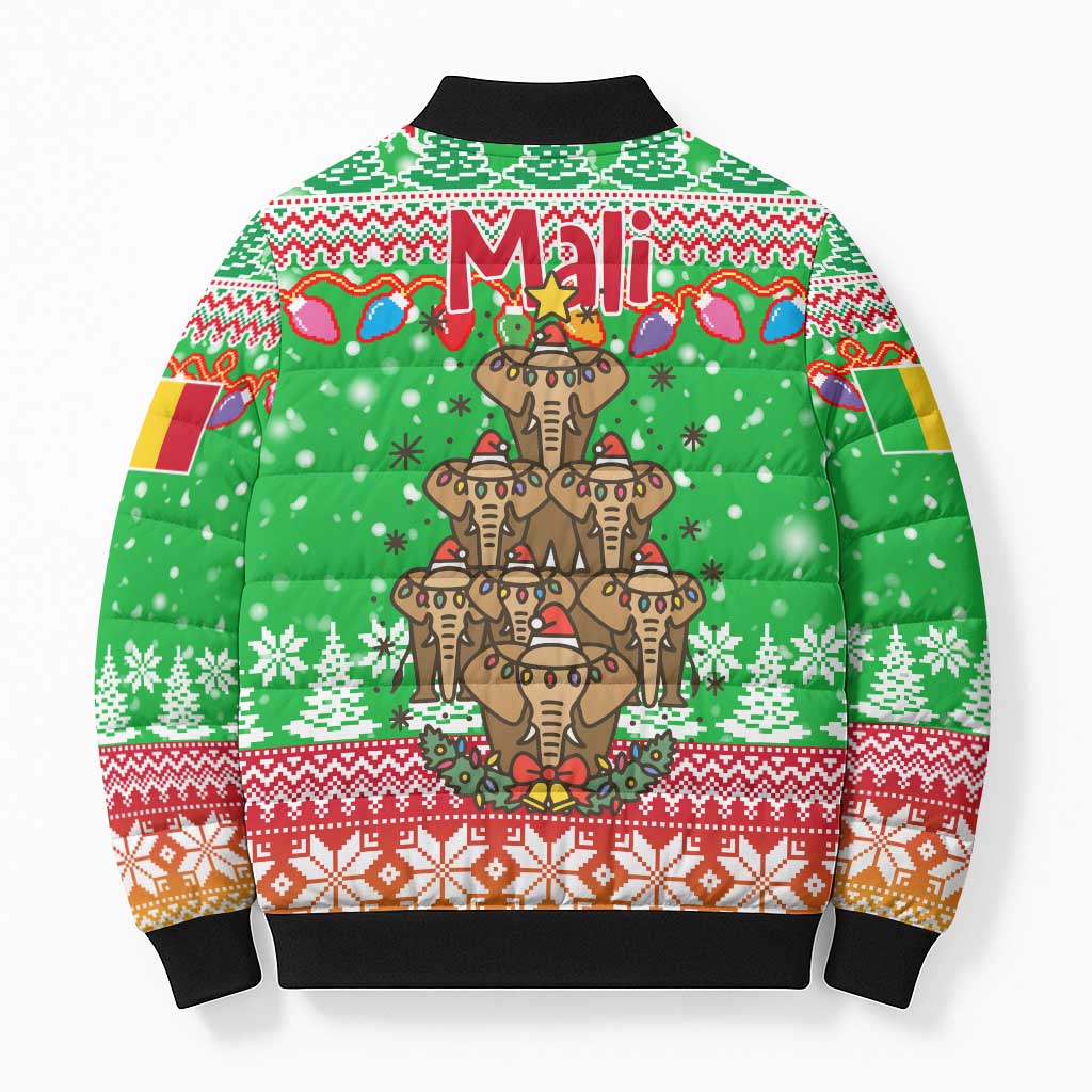 Mali Christmas Bomber Puffer Jacket with Cartoon Elephant Pyramid Snowflakes and Holiday Lights - Wonder Print Shop