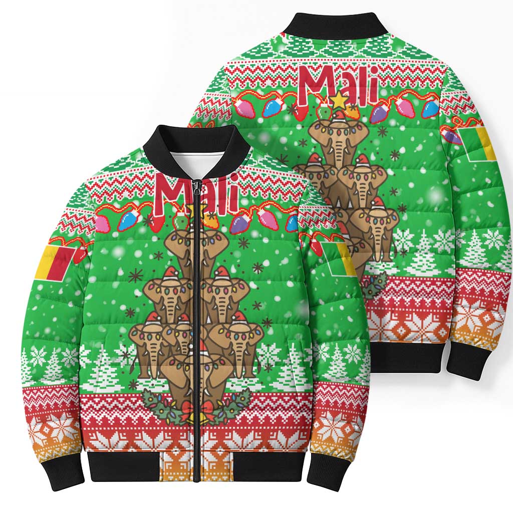 Mali Christmas Bomber Puffer Jacket with Cartoon Elephant Pyramid Snowflakes and Holiday Lights - Wonder Print Shop