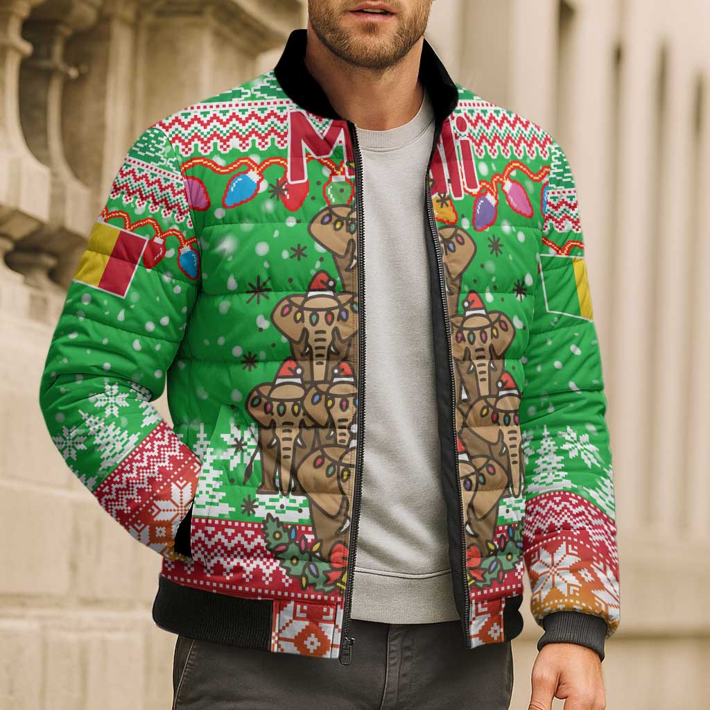 Mali Christmas Bomber Puffer Jacket with Cartoon Elephant Pyramid Snowflakes and Holiday Lights - Wonder Print Shop