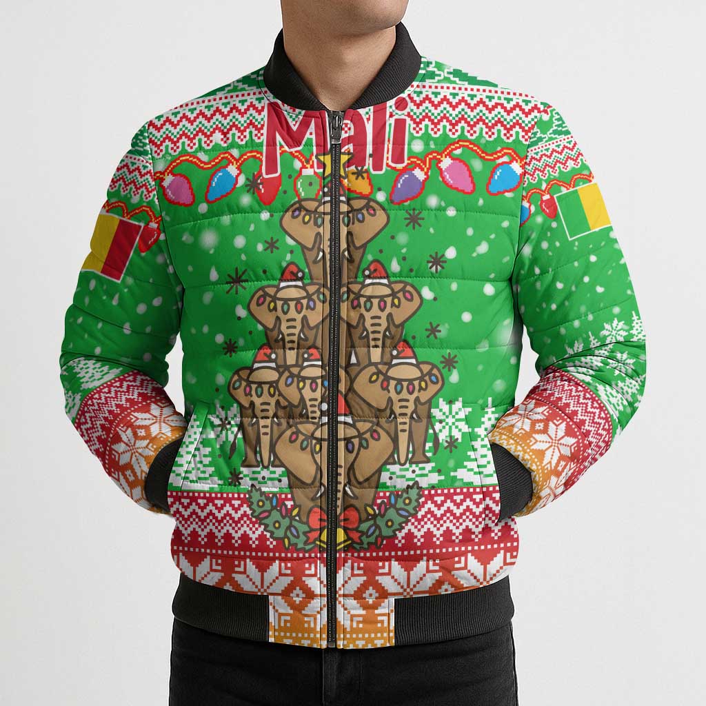 Mali Christmas Bomber Puffer Jacket with Cartoon Elephant Pyramid Snowflakes and Holiday Lights - Wonder Print Shop
