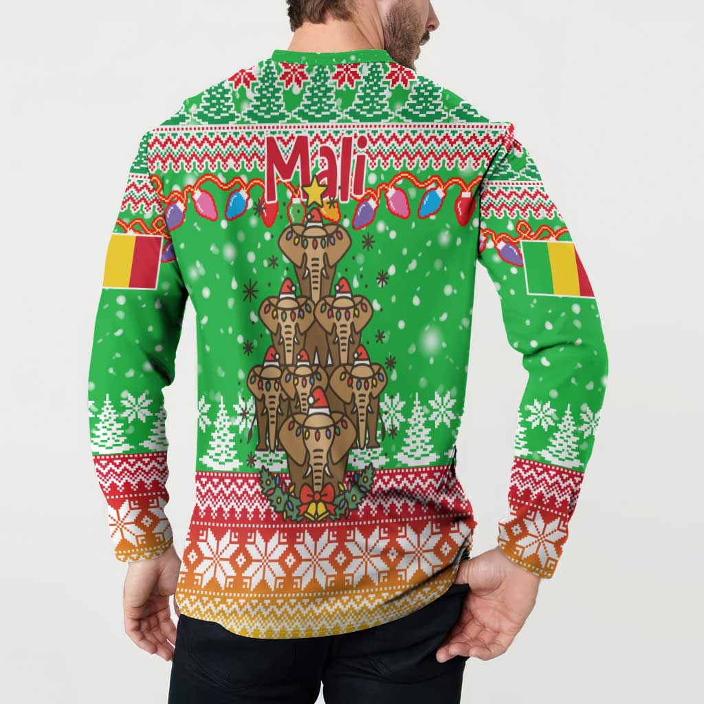 Mali Christmas Button Sweatshirt with Cartoon Elephant Pyramid Snowflakes and Holiday Lights - Wonder Print Shop