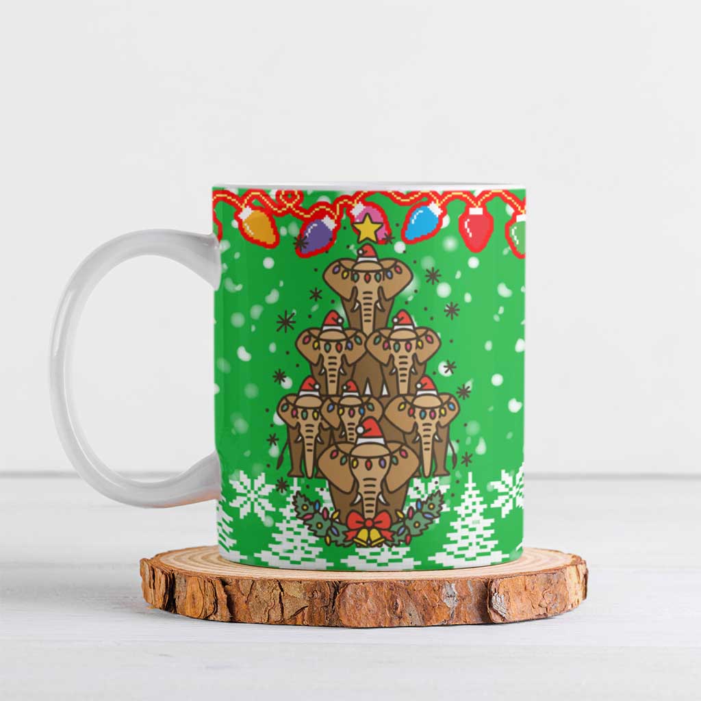 Mali Christmas Ceramic Mug with Cartoon Elephant Pyramid Snowflakes and Holiday Lights - Wonder Print Shop